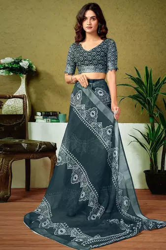 Grey dabu printed  linen ready to wear saree with unstitched blouse