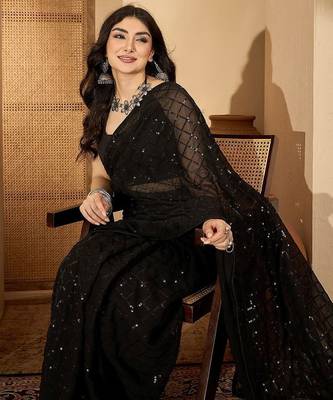Black checked embellished sequinned saree with unstitched blouse 1