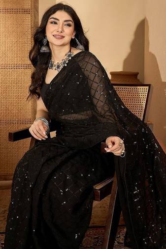 Black checked embellished sequinned saree with unstitched blouse
