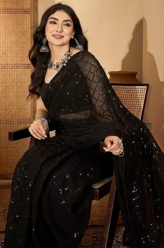 Black checked embellished sequinned saree with unstitched blouse
