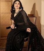 Black checked embellished sequinned saree with unstitched blouse