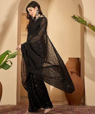 Black checked embellished sequinned saree with unstitched blouse 2