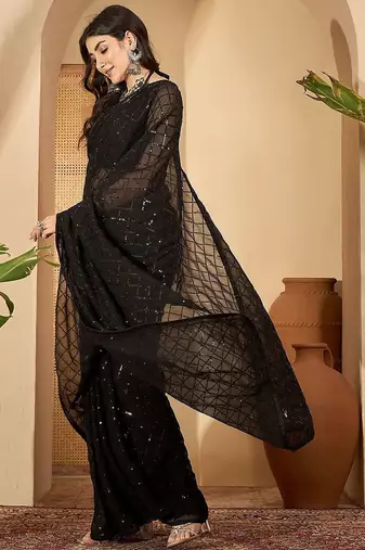 Black checked embellished sequinned saree with unstitched blouse