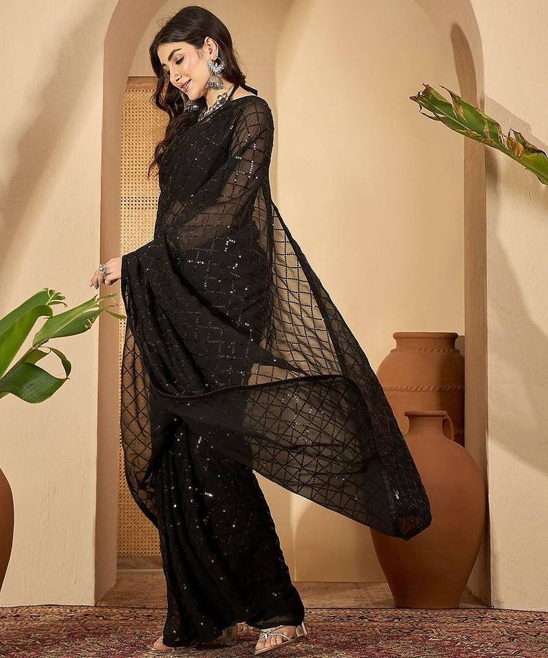 Black checked embellished sequinned saree with unstitched blouse