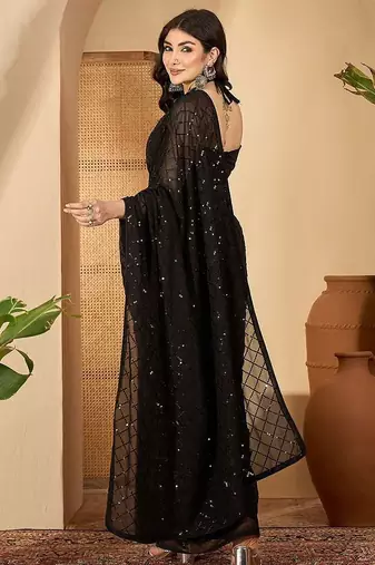Black checked embellished sequinned saree with unstitched blouse