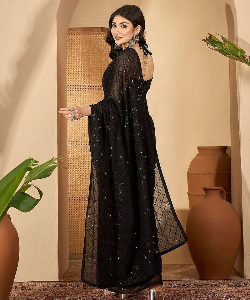 Black checked embellished sequinned saree with unstitched blouse