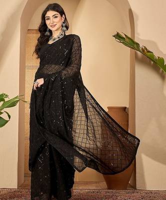 Black checked embellished sequinned saree with unstitched blouse 4