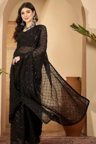 Black checked embellished sequinned saree with unstitched blouse