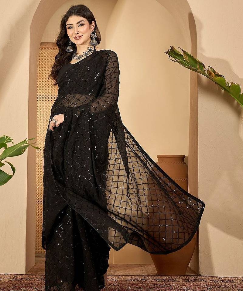 Black checked embellished sequinned saree with unstitched blouse