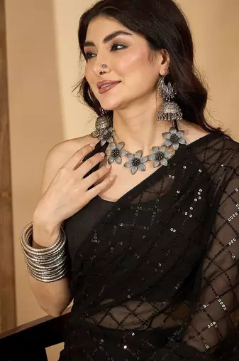 Black checked embellished sequinned saree with unstitched blouse