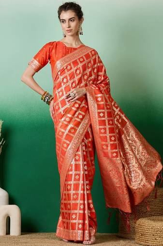 Orange zari woven kanjeevaram saree with blouse piece