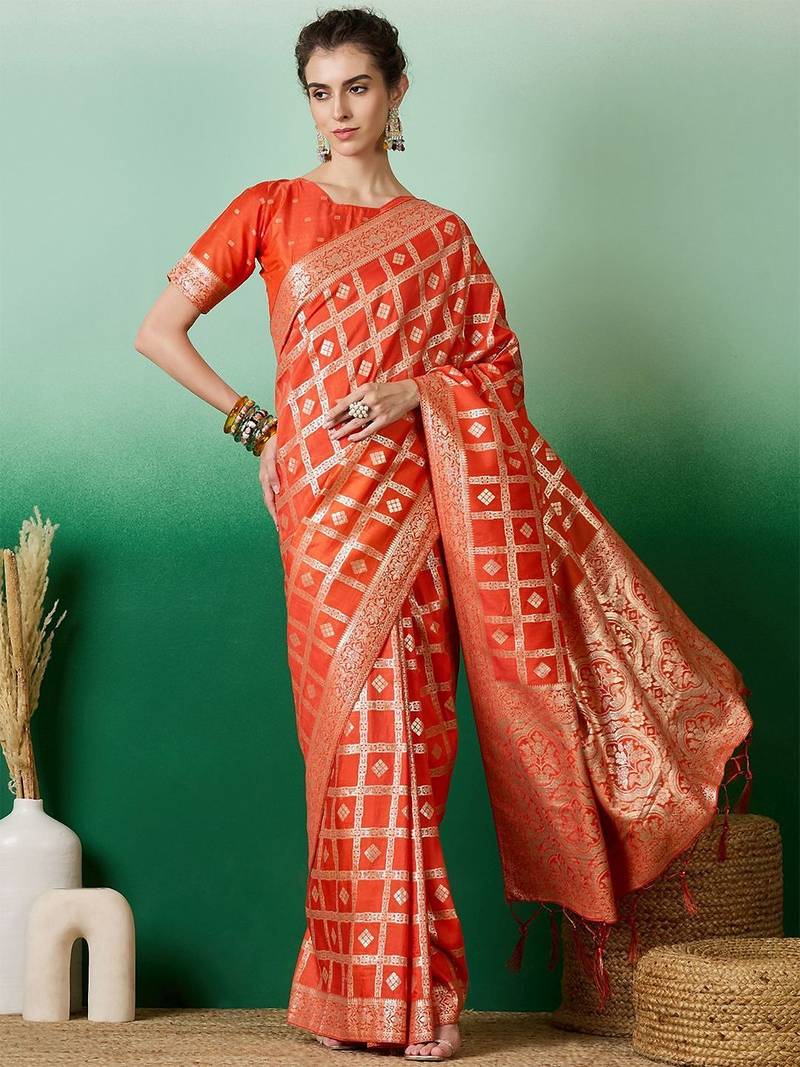 Orange zari woven kanjeevaram saree with blouse piece