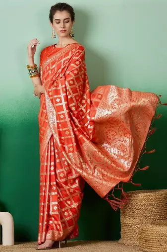 Orange zari woven kanjeevaram saree with blouse piece