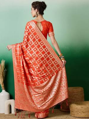 Orange zari woven kanjeevaram saree with blouse piece 3