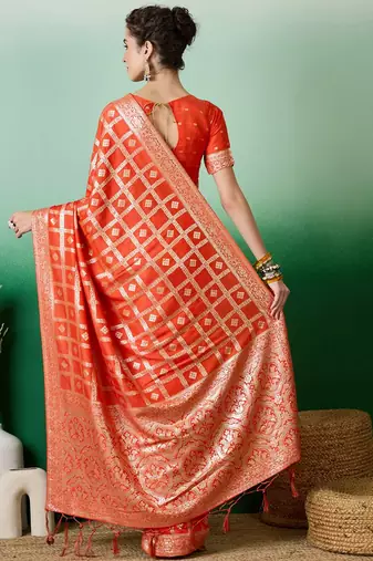 Orange zari woven kanjeevaram saree with blouse piece