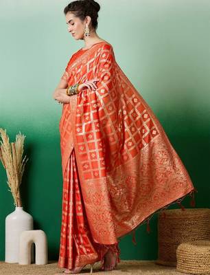 Orange zari woven kanjeevaram saree with blouse piece 4
