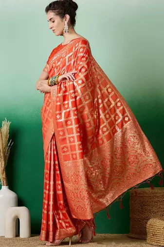 Orange zari woven kanjeevaram saree with blouse piece