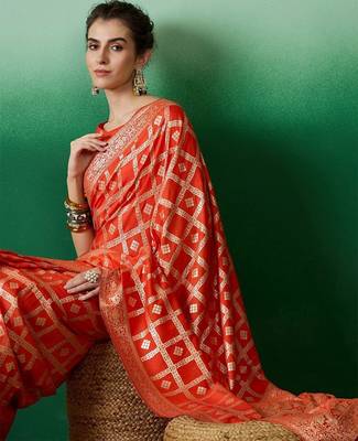 Orange zari woven kanjeevaram saree with blouse piece 5