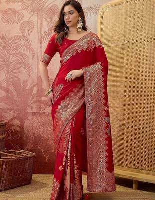 Red floral zari heavy work saree with blouse piece 1