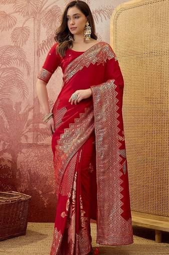 Red floral zari heavy work saree with blouse piece