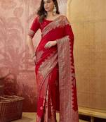 Red floral zari heavy work saree with blouse piece