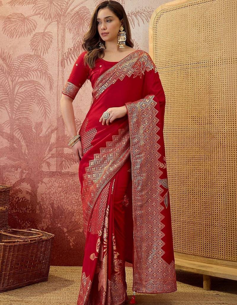Red floral zari heavy work saree with blouse piece