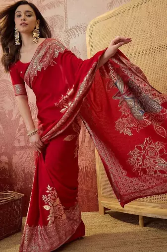 Red floral zari heavy work saree with blouse piece