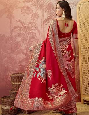 Red floral zari heavy work saree with blouse piece 3