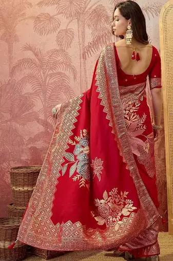 Red floral zari heavy work saree with blouse piece