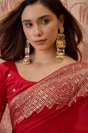 Red floral zari heavy work saree with blouse piece