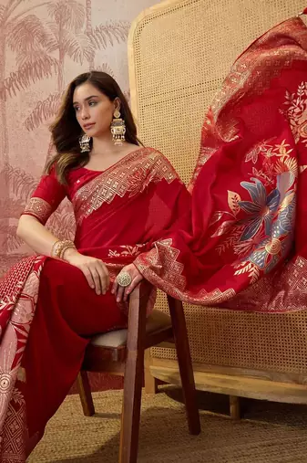 Red floral zari heavy work saree with blouse piece