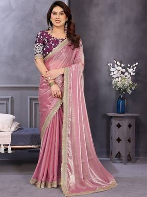 Pink embroidered lace border with matching blouse piece 1