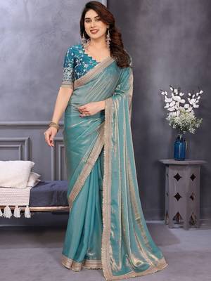 Blue embroidered lace border saree with matching blouse piece 1