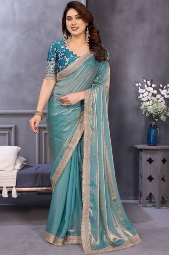 Blue embroidered lace border saree with matching blouse piece