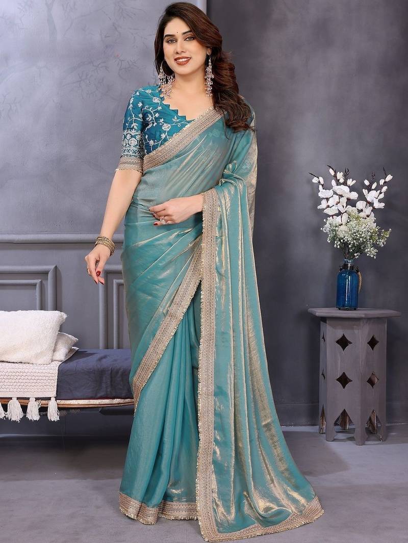 Blue embroidered lace border saree with matching blouse piece