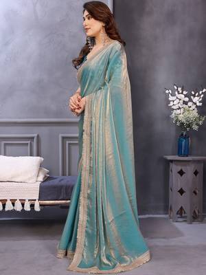 Blue embroidered lace border saree with matching blouse piece 2