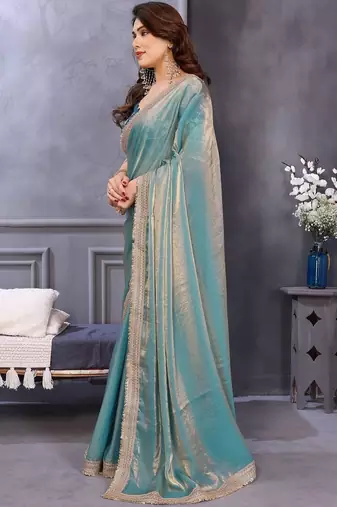 Blue embroidered lace border saree with matching blouse piece