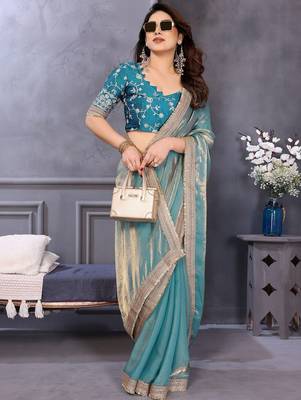 Blue embroidered lace border saree with matching blouse piece 3