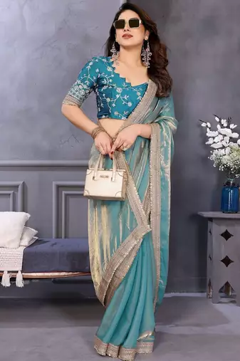 Blue embroidered lace border saree with matching blouse piece