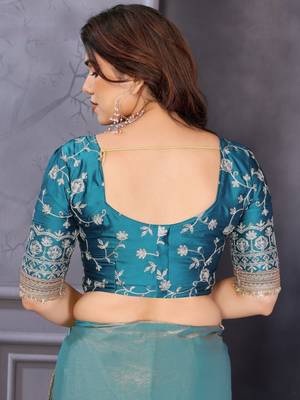 Blue embroidered lace border saree with matching blouse piece 4