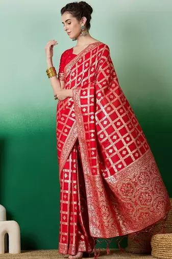 Red zari woven kanjeevaram saree with blouse piece
