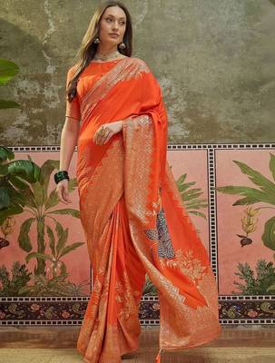 Orange ethnic motifs zari saree with blouse piece 1
