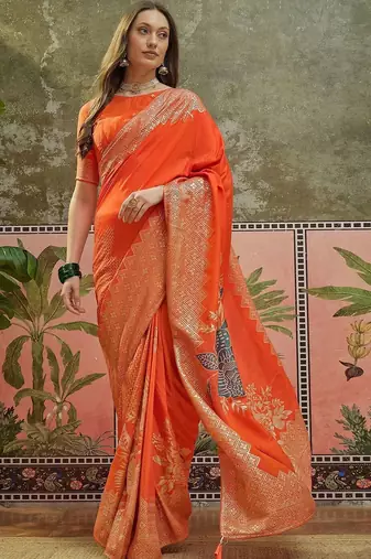 Orange ethnic motifs zari saree with blouse piece