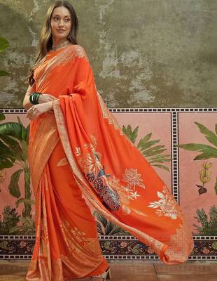 Orange ethnic motifs zari saree with blouse piece 2