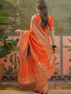 Orange ethnic motifs zari saree with blouse piece 3