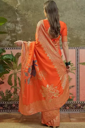 Orange ethnic motifs zari saree with blouse piece