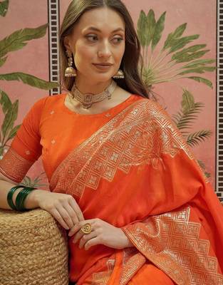 Orange ethnic motifs zari saree with blouse piece 4