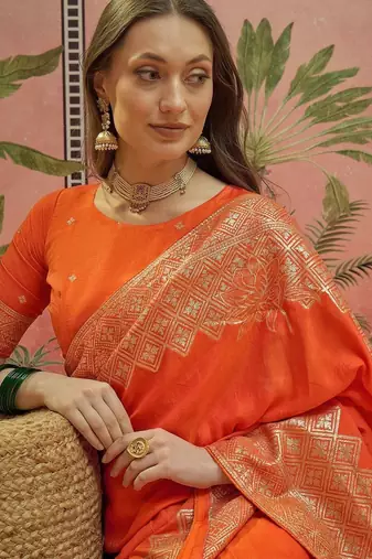Orange ethnic motifs zari saree with blouse piece