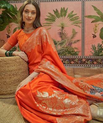 Orange ethnic motifs zari saree with blouse piece 5