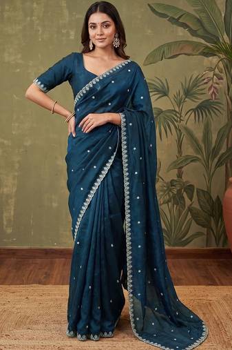 Teal floral embroidered tissue designer saree